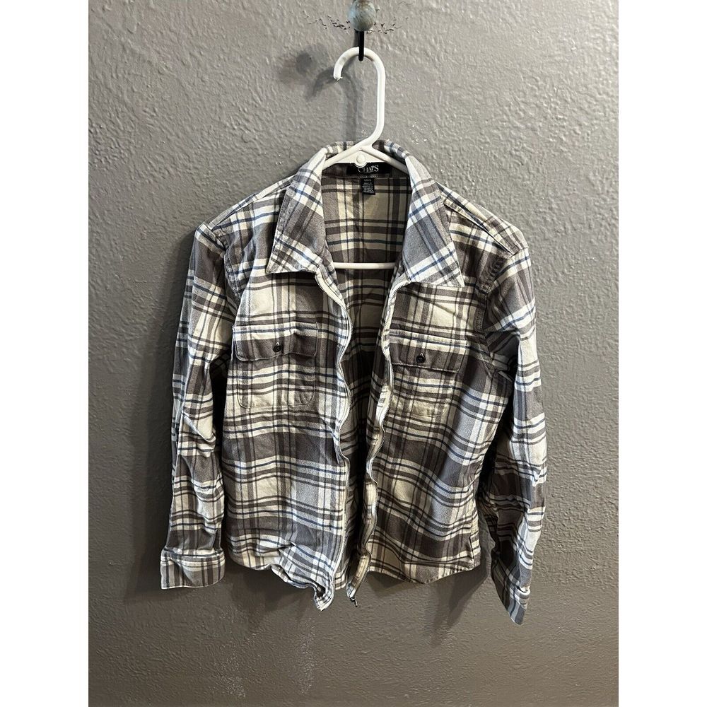 Chaps Women Gray And White Plaid Zip Up Jacket Size Large